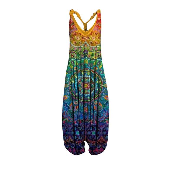Women Boho Overalls  Sz XL  Jumpsuit Loose Fit Rompers Baggy Bohemia Harem Pants - Picture 1 of 13
